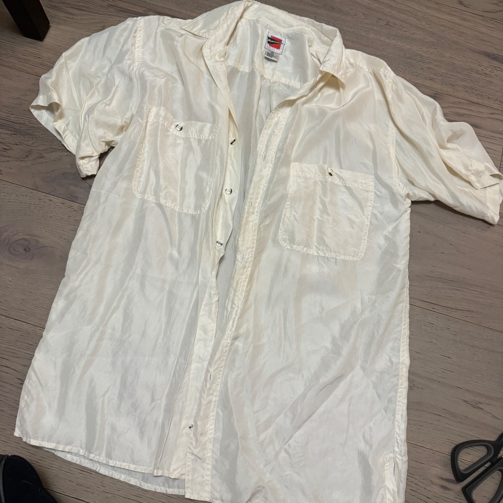 Reputation Mens 100% Silk Short Sleeve Button Down Shirt Cream Off White Size M